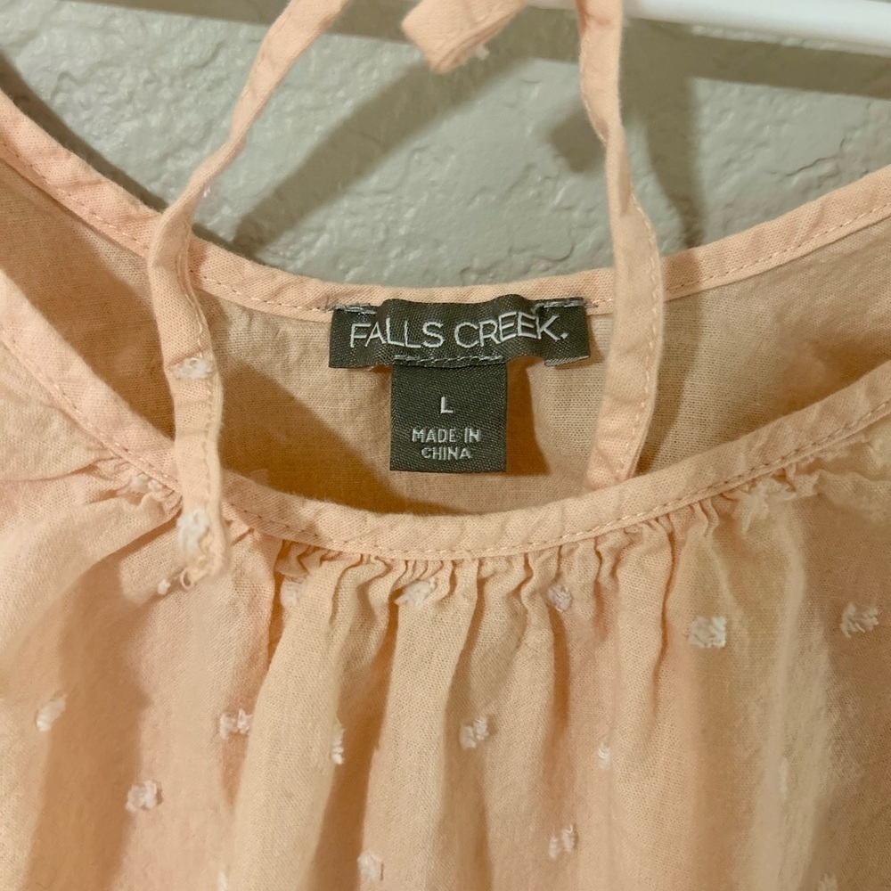 Falls Creek Peach Pink Swiss Dot Puff Sleeve Tie Front Women’s Blouse Top L - Picture 3 of 5